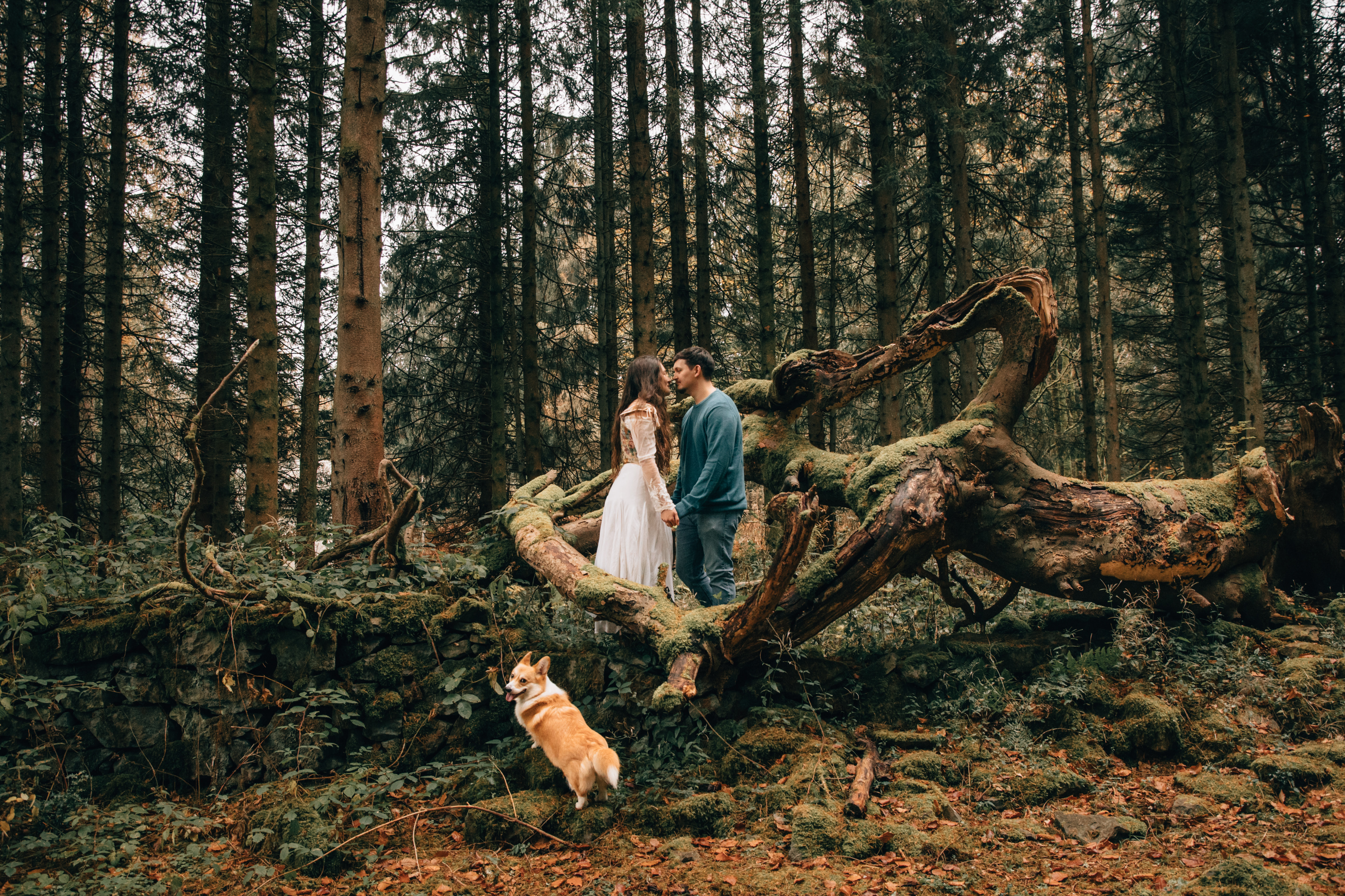 Conor and Katie standing together in the forest with their dog